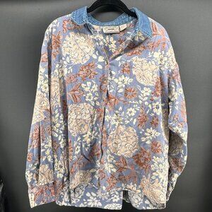 Rhythm Blue Floral All Over Women Large Button Up Long Sleeve Vintage